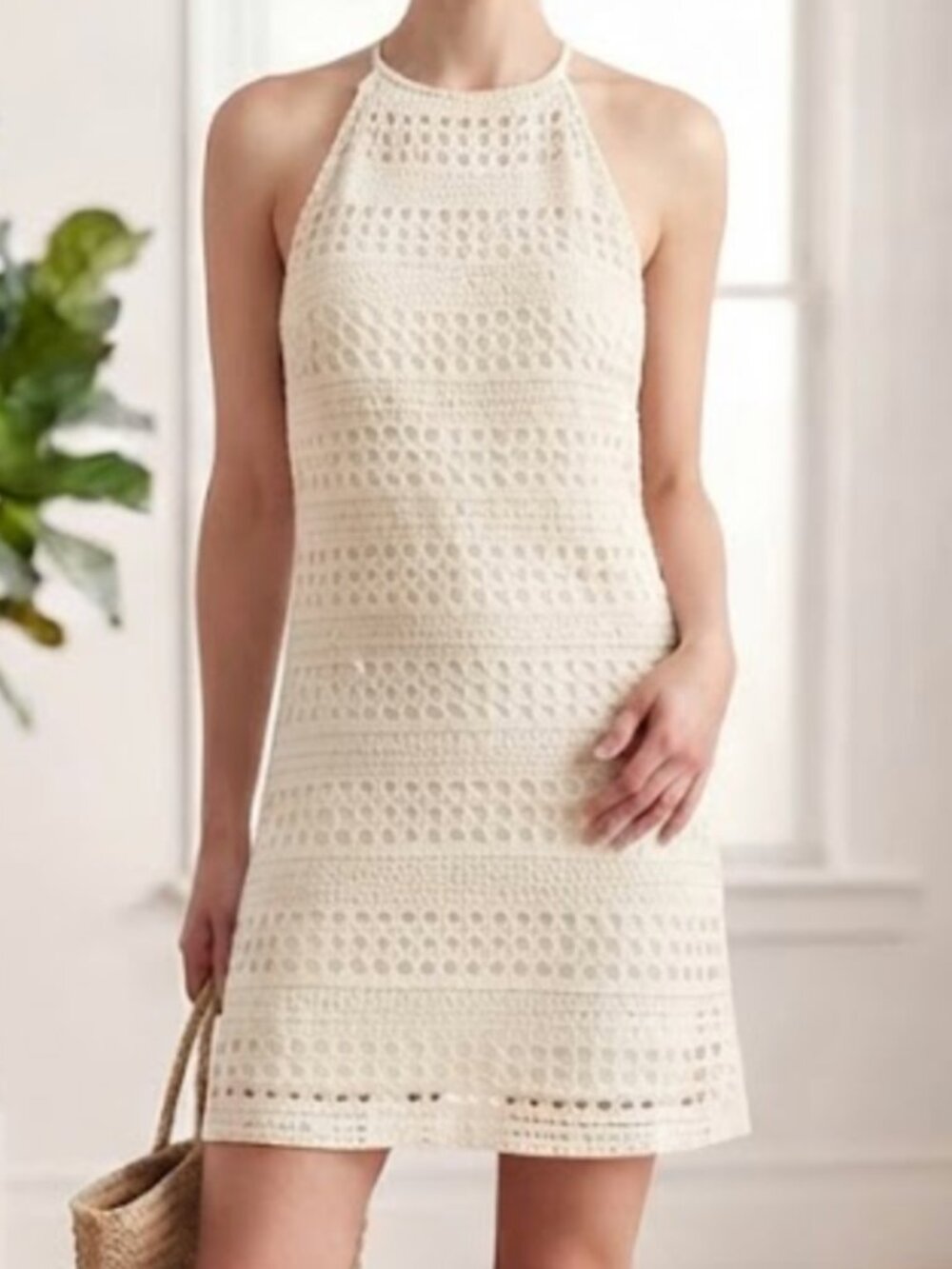 Cream Crochet Backless Halter Dress, Size S